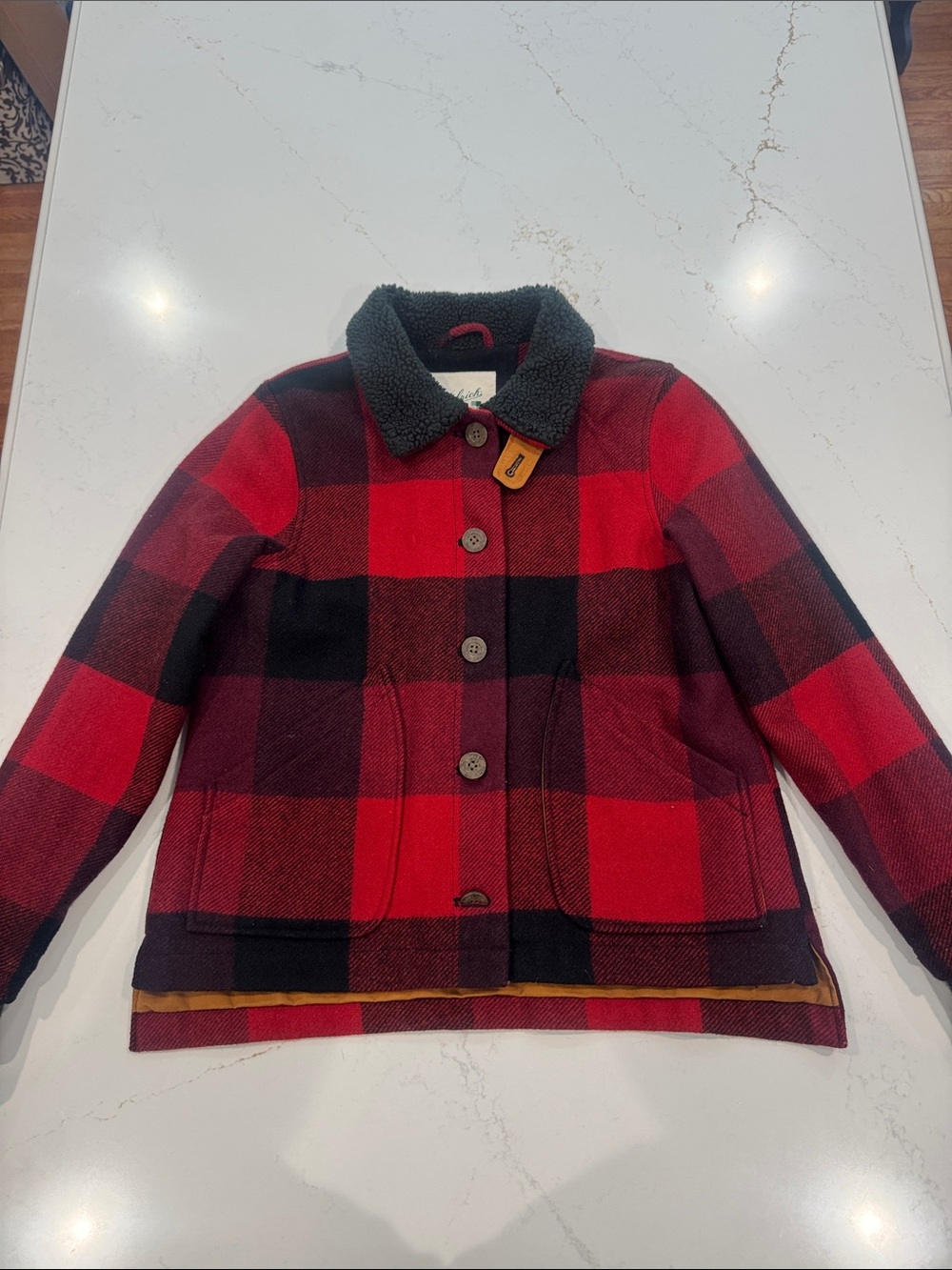 Woolrich Red and Black Buffalo Plaid Sherpa-Collar Pea Coat
